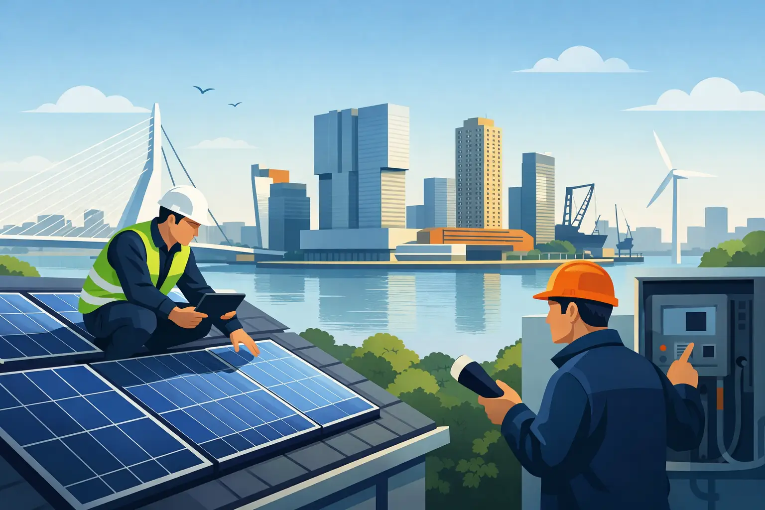 Inspecteurs controleren zonnepanelen en omvormer op een bedrijfsdak met de skyline van Rotterdam