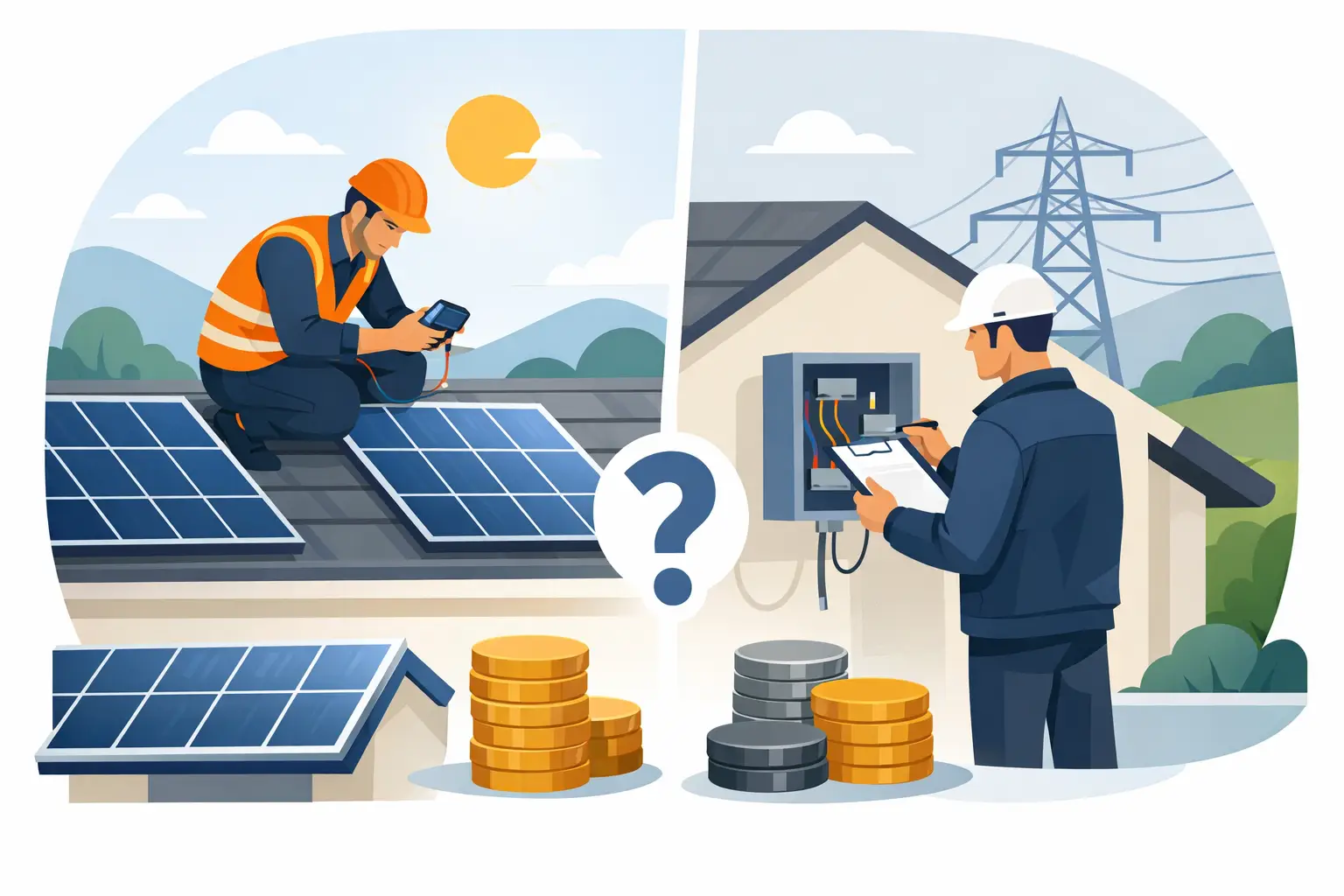 Wie betaalt de Scope 12-keuring: inspecteur op dak met zonnepanelen en inspecteur bij groepenkast