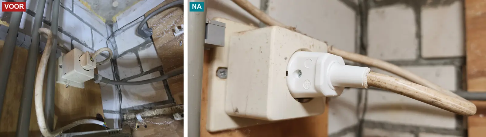 Beschadigde stekker in een wandcontactdoos voor en na vervanging