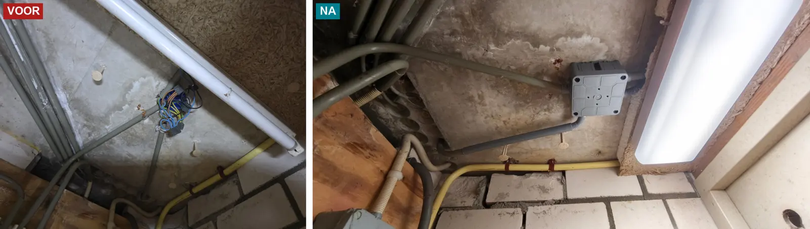 Open lasdoos in een meterkast voor en na herstel