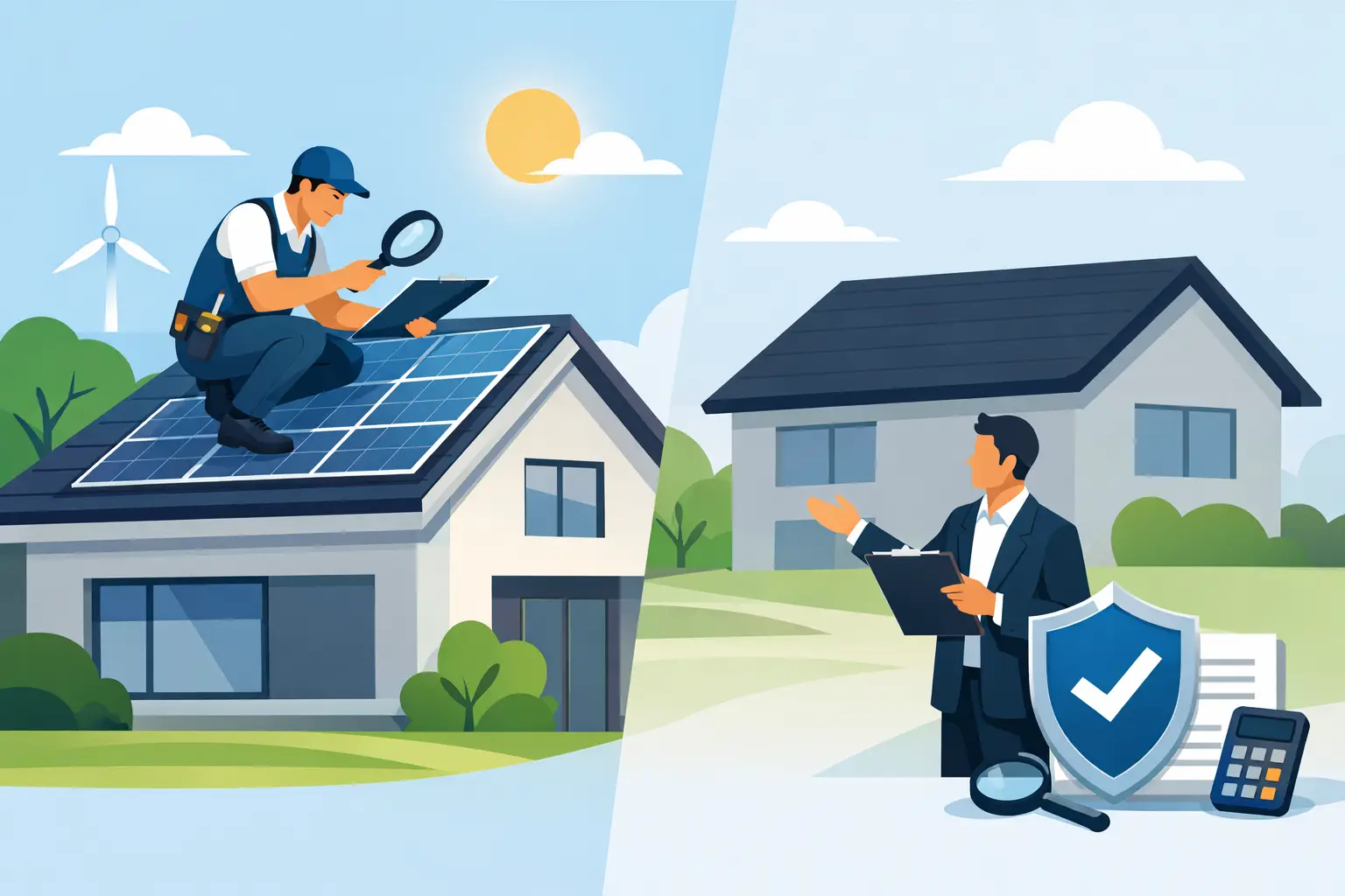 Inspecteur beoordeelt zonnepanelen op bedrijfspand voor keuring zonnepanelen voor verzekering