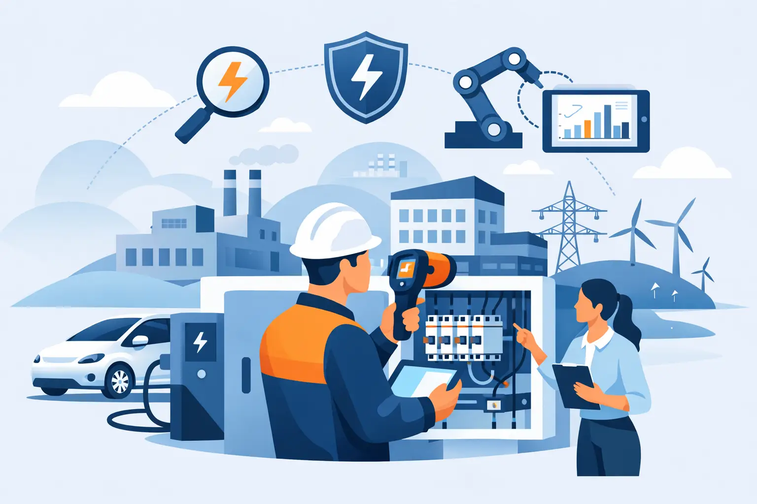 Inspecteurs controleren elektrische installaties bij een bedrijfspand