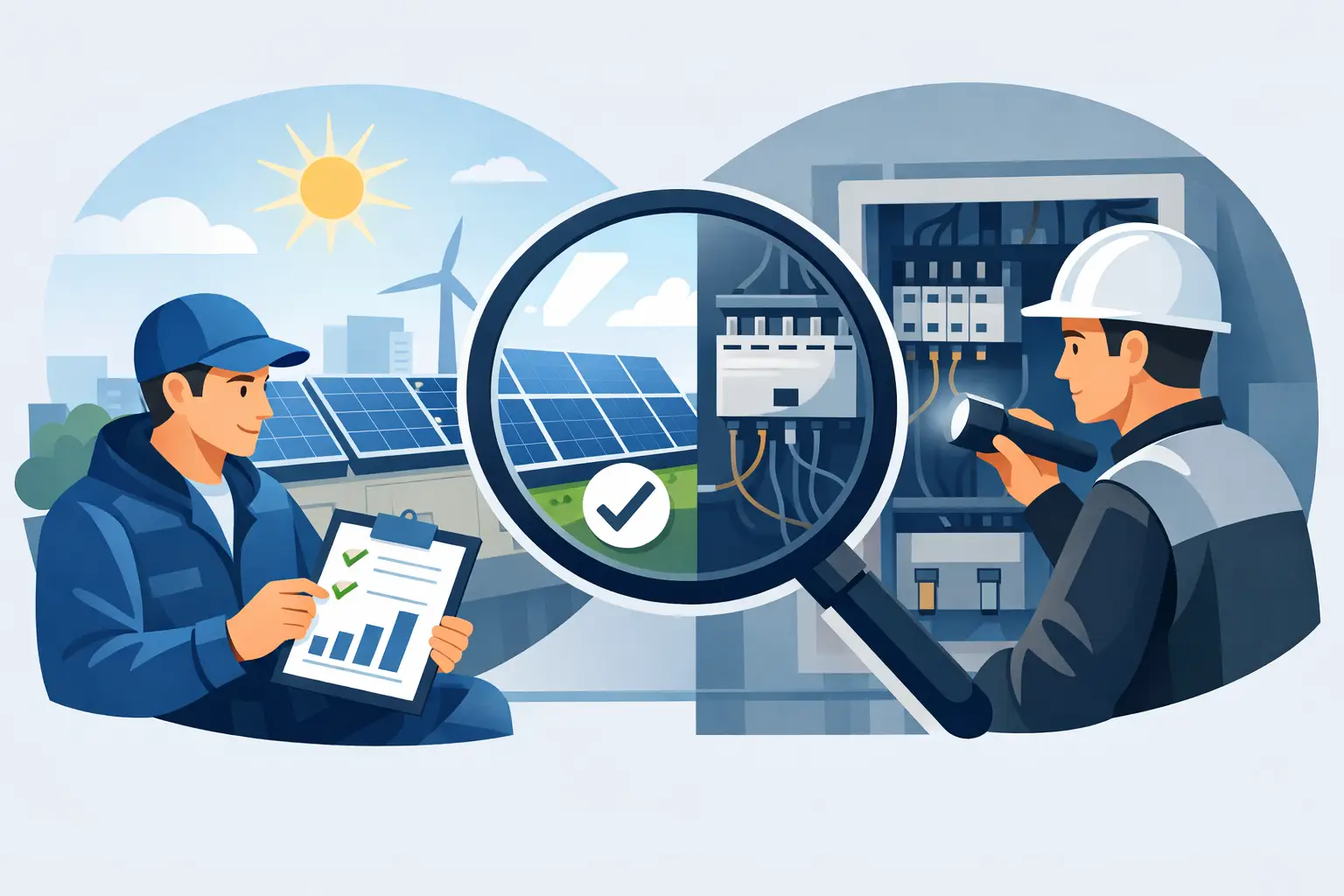 Inspecteurs controleren een Scope 12-rapport bij een zonnepaneleninstallatie