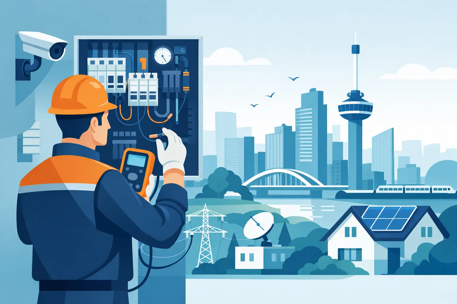 Inspecteur meet verdeelkast met skyline van de Randstad op de achtergrond