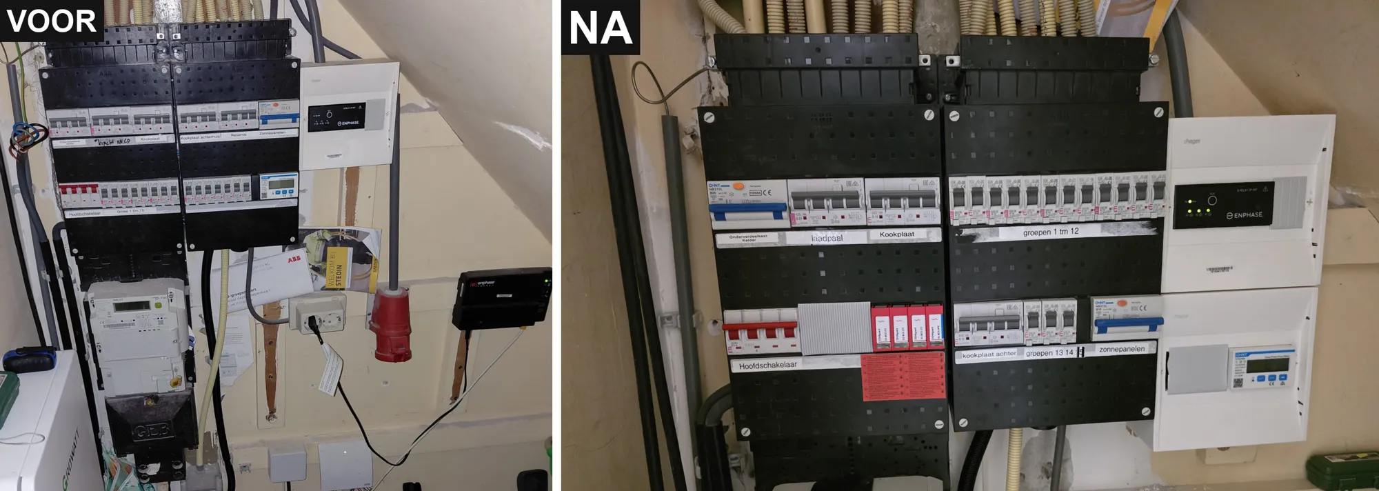 Meterkast met thuisbatterij voor en na de aanpassing