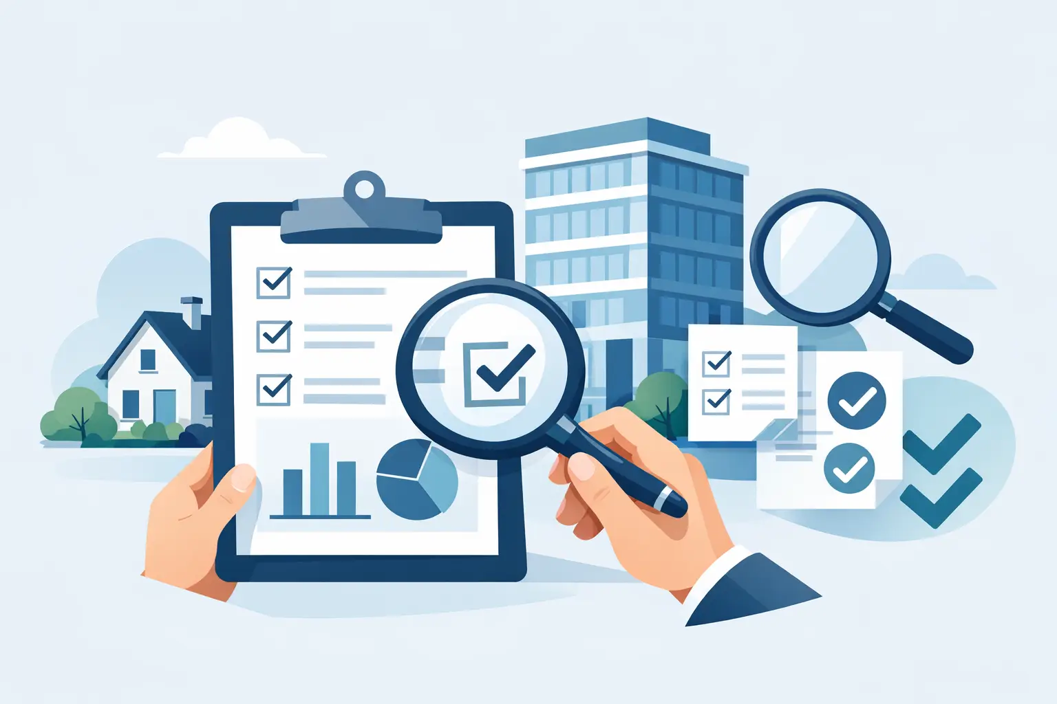 Inspectierapport beoordeling met checklist, vergrootglas en bedrijfspand