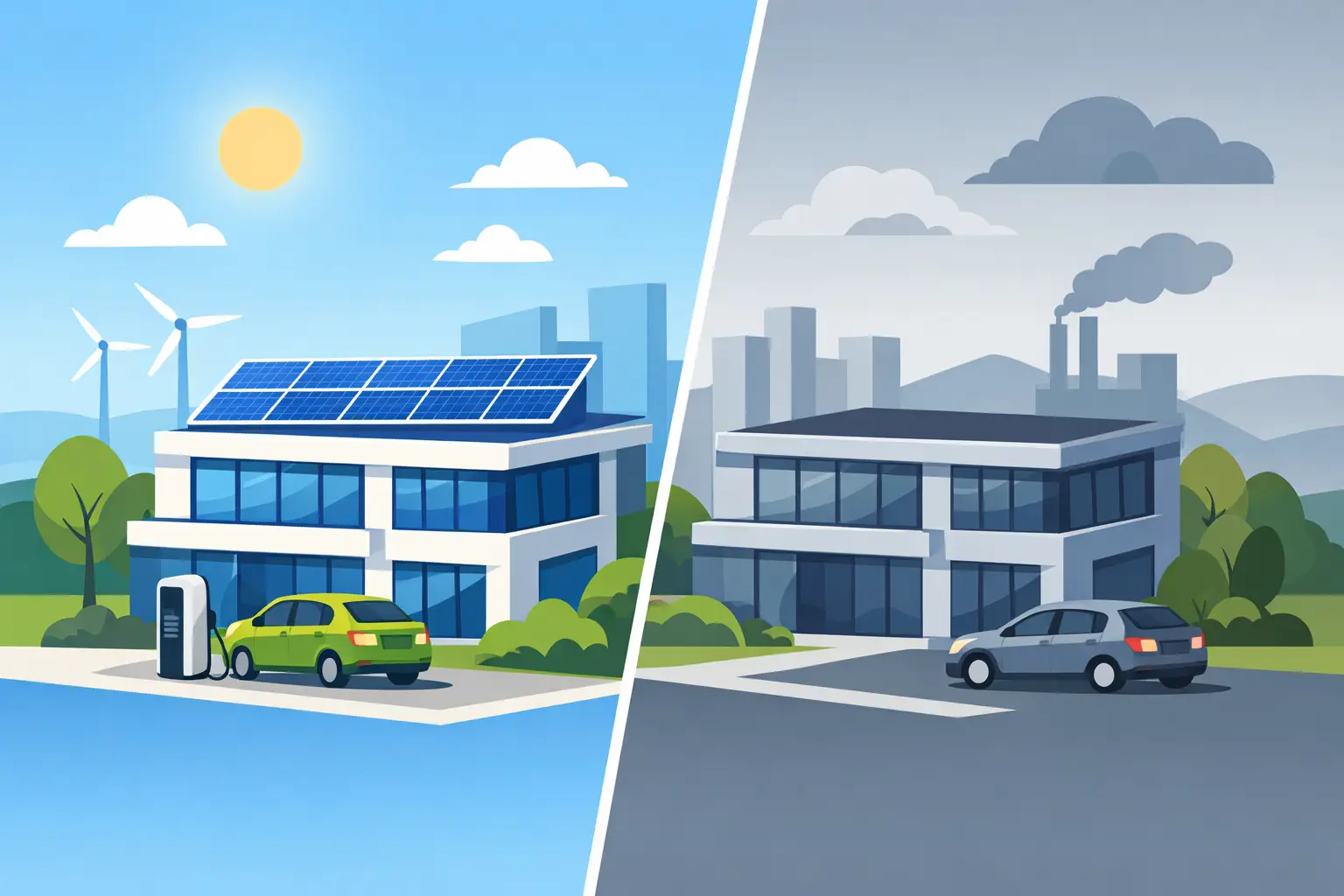 Bedrijfspand met zonnepanelen naast een bedrijfspand zonder zonnepanelen als vergelijking tussen Scope 12 en Scope 10