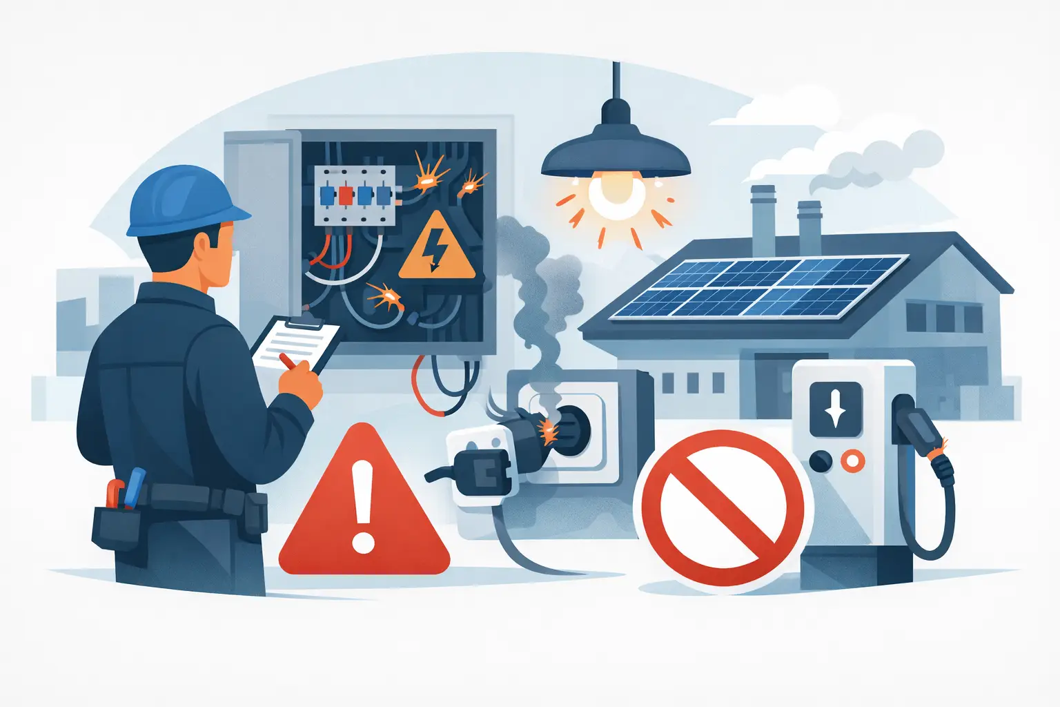 Inspecteur noteert afkeurpunten in een elektrische installatie bij een bedrijfspand