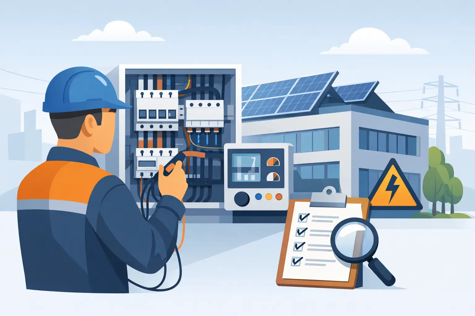 Inspecteur keurt elektrische installatie in bedrijfspand met meterkast en zonnepanelen