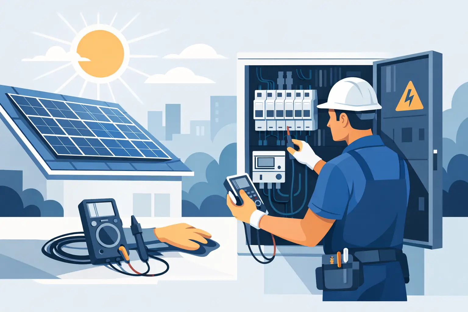 Inspecteur meet verdeelkast tijdens periodieke inspectie elektrische installatie