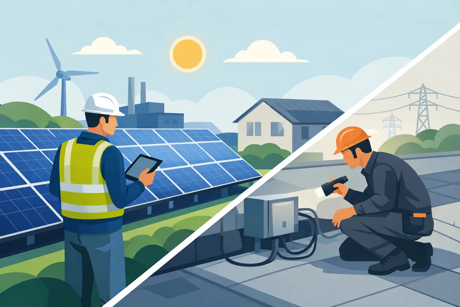 Inspecteur controleert zonnepanelen en omvormer op een zonnedak tijdens een Scope 12-inspectie